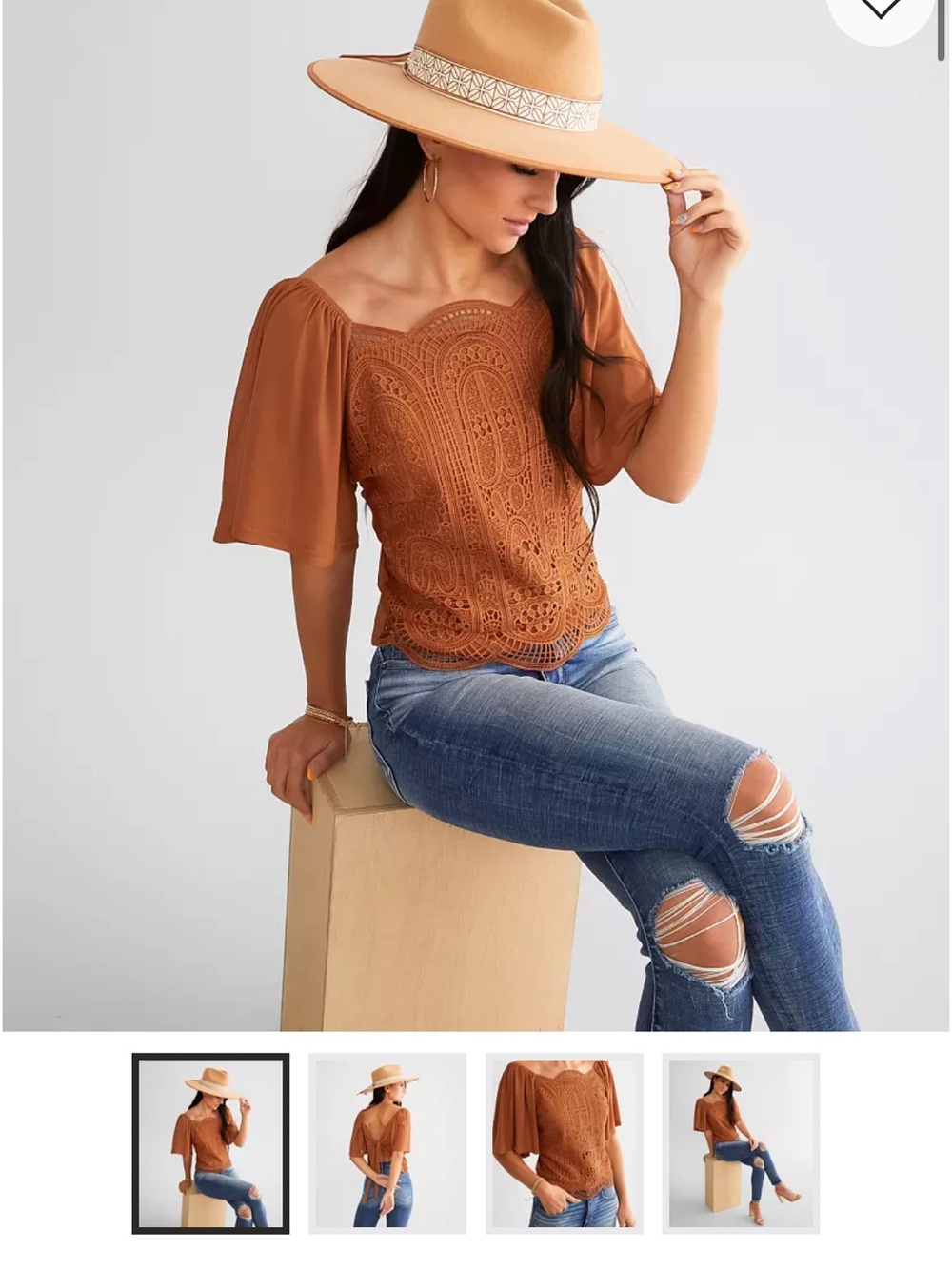 Buckle Rust Crochet Square Neck Blouse